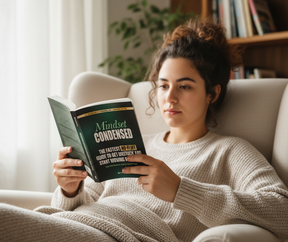 A woman is seating reading Mindset Condensed book - The first step to move forward