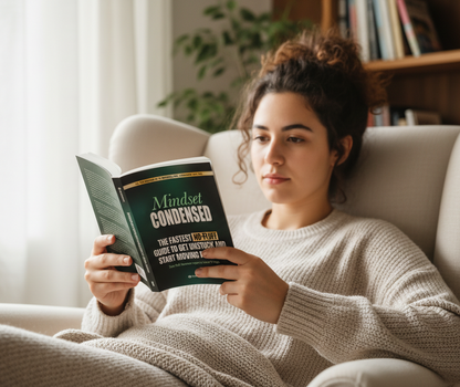 A woman is seating reading Mindset Condensed book - The first step to move forward